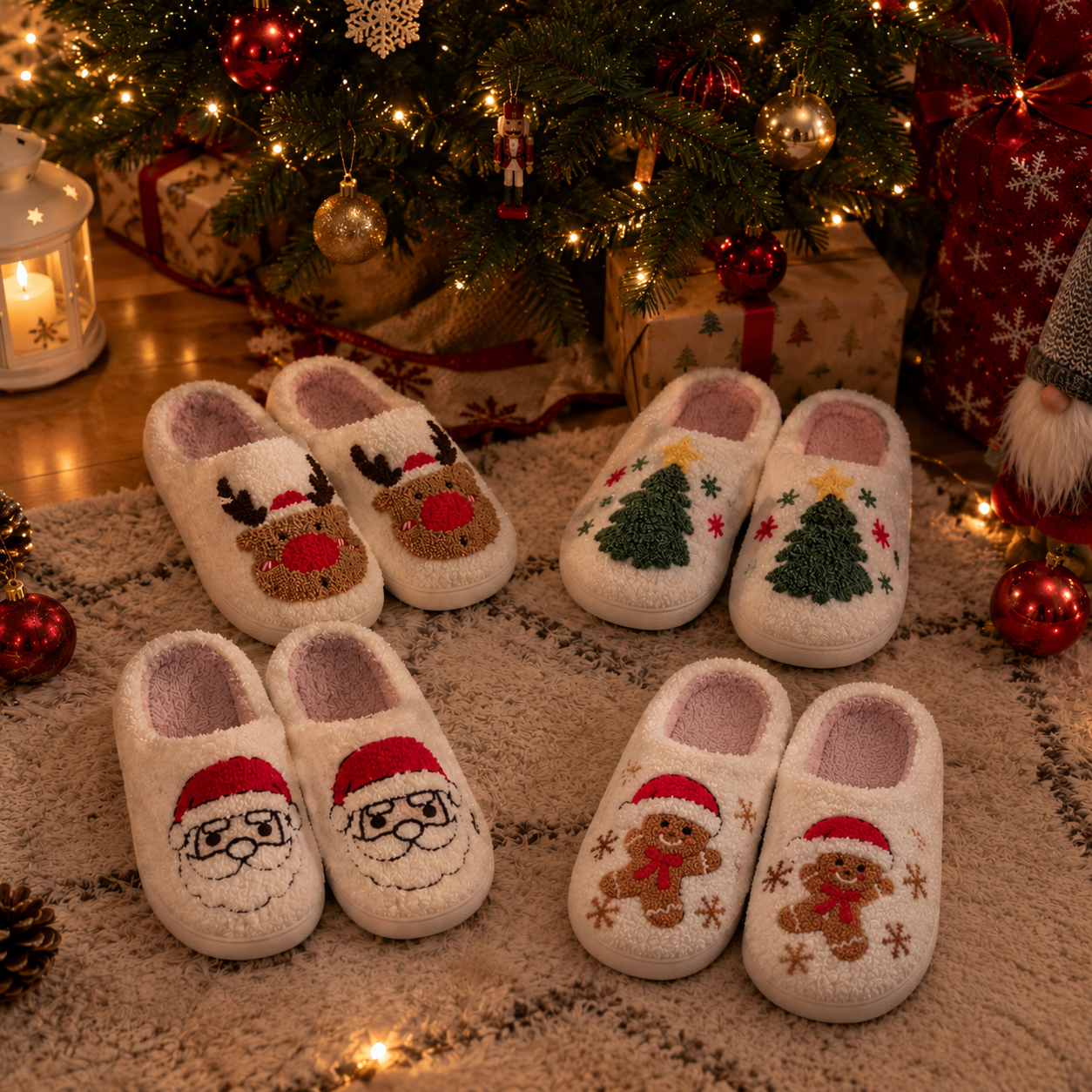 Festive Puffy Slides slippers under a Christmas tree
