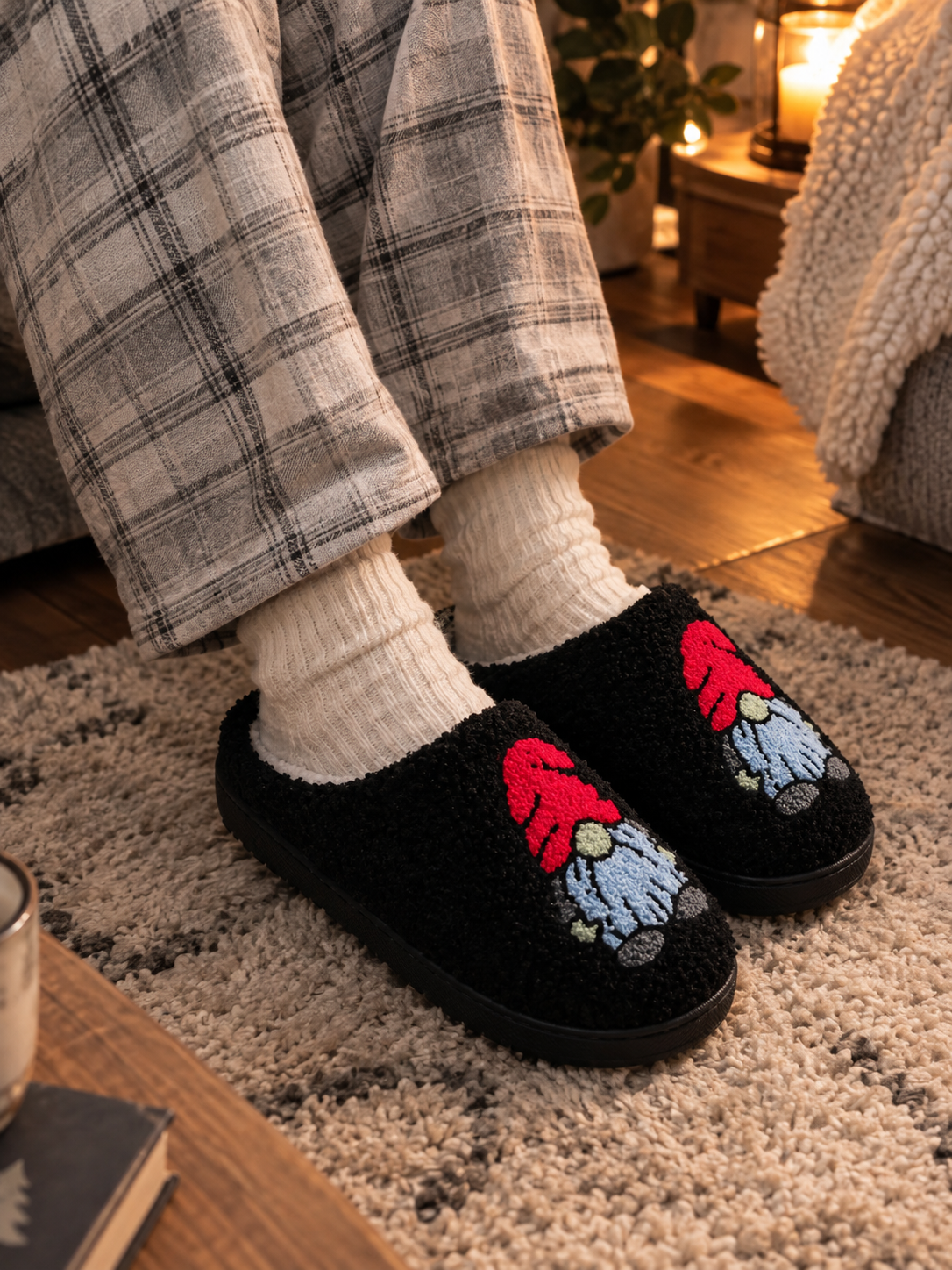 Black festive gnome slippers with warm socks and checked pyjamas