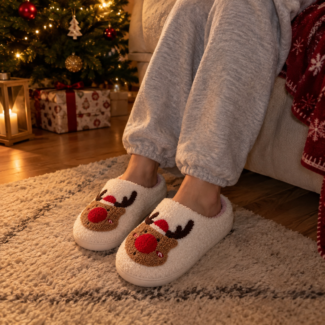 Cream Rudolph slippers worn beside a glowing Christmas tree